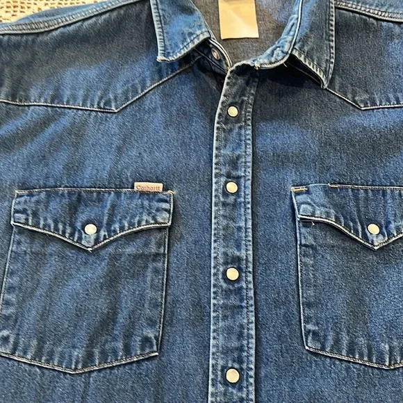 VTG Carhartt Rugged Denim Western Work Shirt Overshirt Pearl Snaps Yoke Pockets - Picture 8 of 14